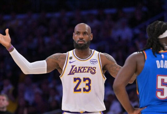 Los Angeles Lakers forward LeBron James gestures for a foul call against the Oklahoma City Thunder during the 2026 NBA Playoffs at Crypto.com Arena