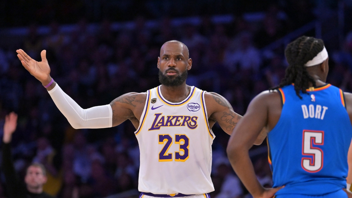 Los Angeles Lakers forward LeBron James gestures for a foul call against the Oklahoma City Thunder during the 2026 NBA Playoffs at Crypto.com Arena