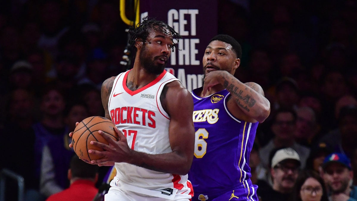 Houston Rockets forward Kevin Durant controls the ball against Los Angeles Lakers guard Marcus Smart during a 2026 NBA Playoffs game at Crypto.com Arena