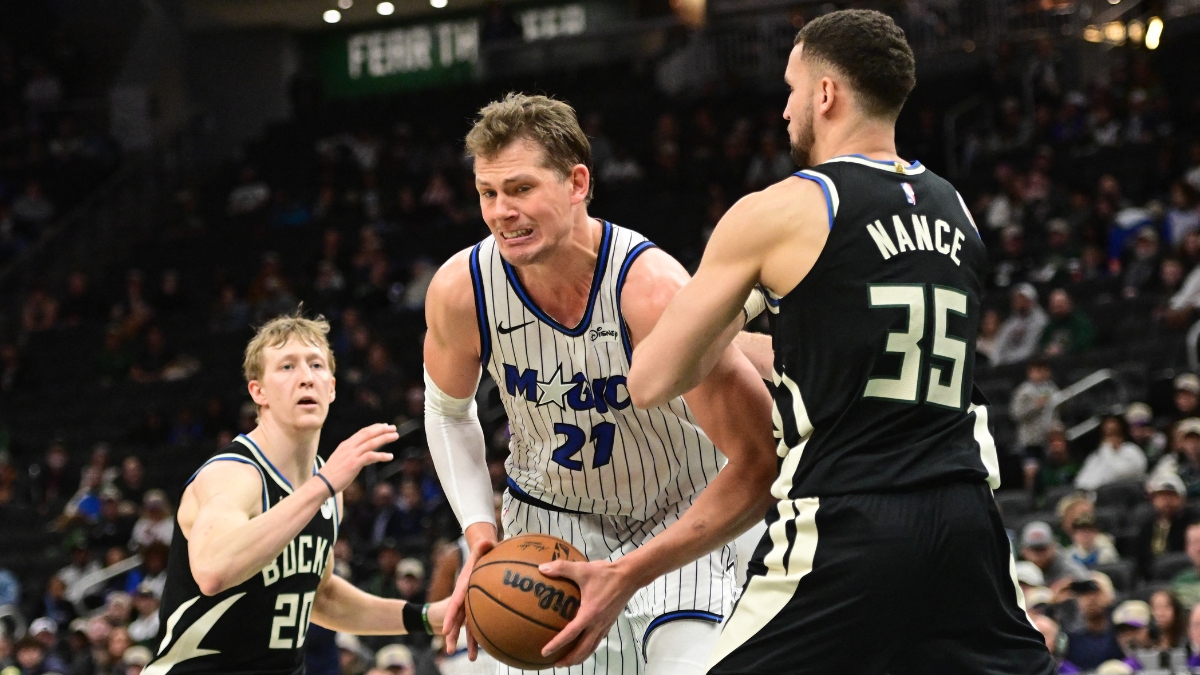 Orlando Magic center Moe Wagner controls the ball against Milwaukee Bucks forward Pete Nance in the fourth quarter at Fiserv Forum on March 8, 2026.