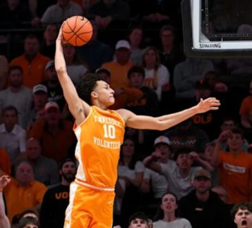 Tennessee forward Nate Ament attempts a dunk against Vanderbilt at Memorial Gymnasium on February 21, 2026