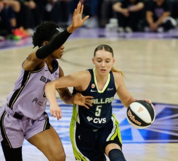 Dallas Wings guard Paige Bueckers, No. 5, drives the ball to her right against a Golden State Valkyries defender at Chase Center.