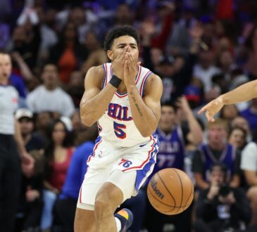Philadelphia 76ers guard Quentin Grimes reacts during a 2026 NBA Playoffs game against the New York Knicks