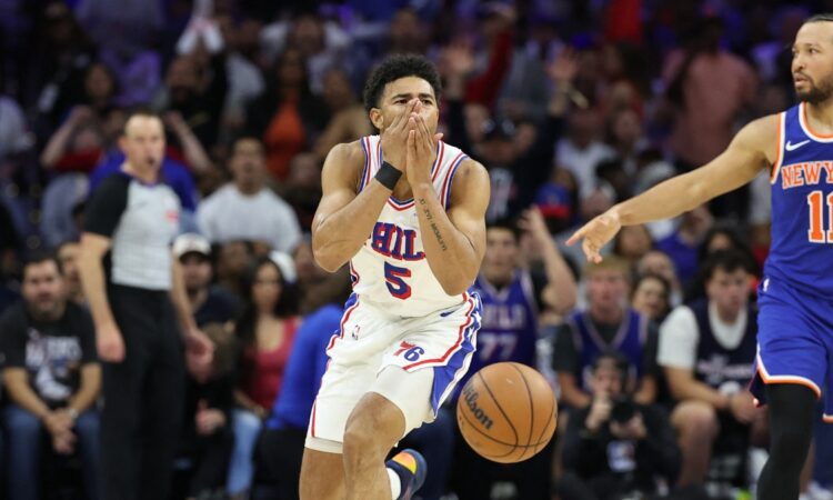 Philadelphia 76ers guard Quentin Grimes reacts during a 2026 NBA Playoffs game against the New York Knicks