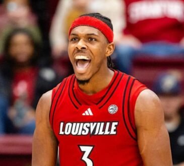 Ryan Conwell of the Louisville Cardinals celebrates during a 2025-26 game