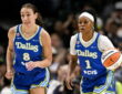 Dallas Wings forward Alanna Smith and guard Odyssey Sims bring the ball up the court against the Chicago Sky.
