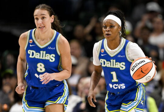 Dallas Wings forward Alanna Smith and guard Odyssey Sims bring the ball up the court against the Chicago Sky.