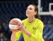 Dallas Wings forward Alanna Smith lines up a shot while warming up before a game against the Chicago Sky