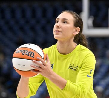 Dallas Wings forward Alanna Smith lines up a shot while warming up before a game against the Chicago Sky