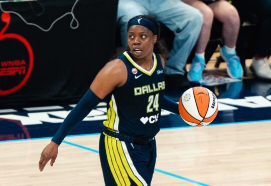 Dallas Wings guard Arike Ogunbowale (24) dribbles up the court during Dallas' win over the Los Angeles Sparks on July 19, 2026.
