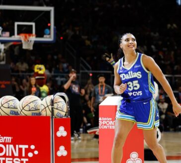 Dallas Wings guard Azzi Fudd watches a shot during the 2026 State Farm WNBA 3-Point Contest at Wintrust Arena in Chicago