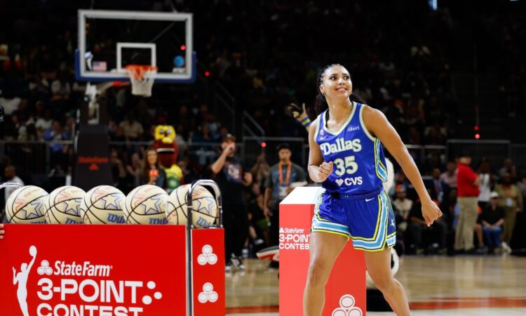 Dallas Wings guard Azzi Fudd watches a shot during the 2026 State Farm WNBA 3-Point Contest at Wintrust Arena in Chicago