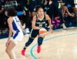Dallas Wings guard Azzi Fudd (35) dribbles up the court against Los Angeles Sparks guard Rae Burrell (12) during Dallas' win over the Sparks on July 19, 2026.