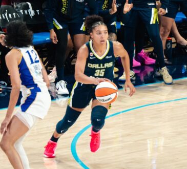 Dallas Wings guard Azzi Fudd (35) dribbles up the court against Los Angeles Sparks guard Rae Burrell (12) during Dallas' win over the Sparks on July 19, 2026.