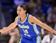 Dallas Wings guard Azzi Fudd looks on during a game against the Las Vegas Aces at College Park Center in Arlington