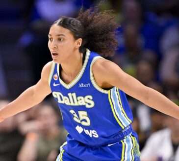 Dallas Wings guard Azzi Fudd looks on during a game against the Las Vegas Aces at College Park Center in Arlington