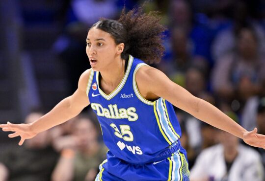 Dallas Wings guard Azzi Fudd looks on during a game against the Las Vegas Aces at College Park Center in Arlington