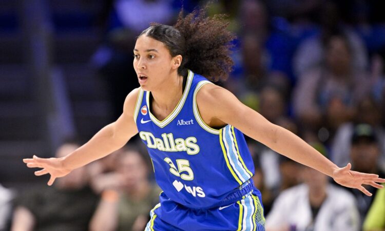 Dallas Wings guard Azzi Fudd looks on during a game against the Las Vegas Aces at College Park Center in Arlington