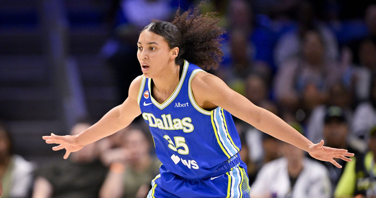 Dallas Wings guard Azzi Fudd looks on during a game against the Las Vegas Aces at College Park Center in Arlington