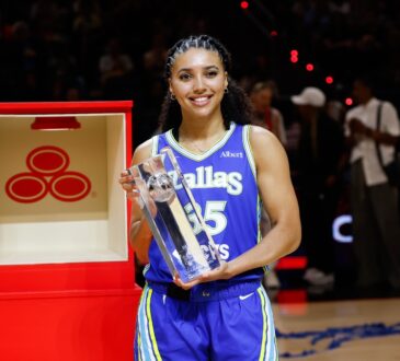 Dallas Wings guard Azzi Fudd holds the 2026 State Farm WNBA 3-Point Contest trophy at Wintrust Arena after the win that prompted her rematch request to Stephen Curry.