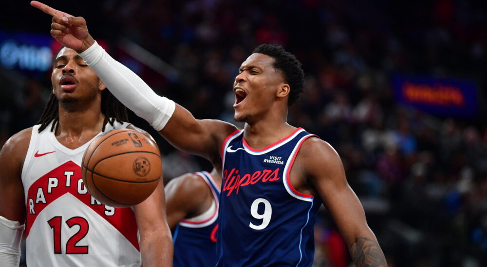 Los Angeles Clippers guard Bennedict Mathurin points and shouts after scoring against the Toronto Raptors.