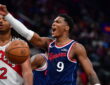 Los Angeles Clippers guard Bennedict Mathurin points and shouts after scoring against the Toronto Raptors.