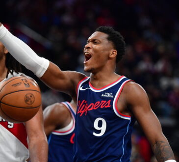 Los Angeles Clippers guard Bennedict Mathurin points and shouts after scoring against the Toronto Raptors.