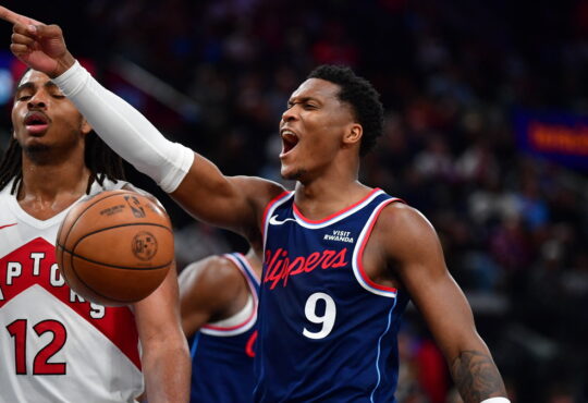 Los Angeles Clippers guard Bennedict Mathurin points and shouts after scoring against the Toronto Raptors.