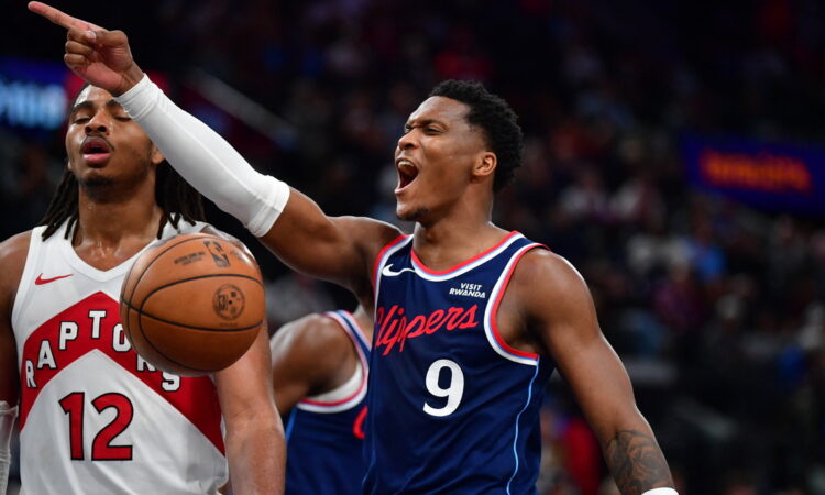 Los Angeles Clippers guard Bennedict Mathurin points and shouts after scoring against the Toronto Raptors.