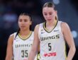 Dallas Wings guards Paige Bueckers and Azzi Fudd on the court against the Connecticut Sun in the second half at PeoplesBank Arena