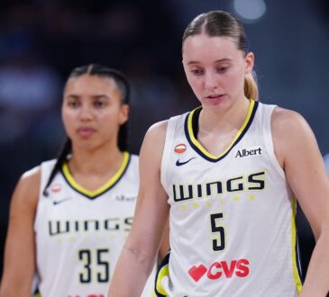 Dallas Wings guards Paige Bueckers and Azzi Fudd on the court against the Connecticut Sun in the second half at PeoplesBank Arena