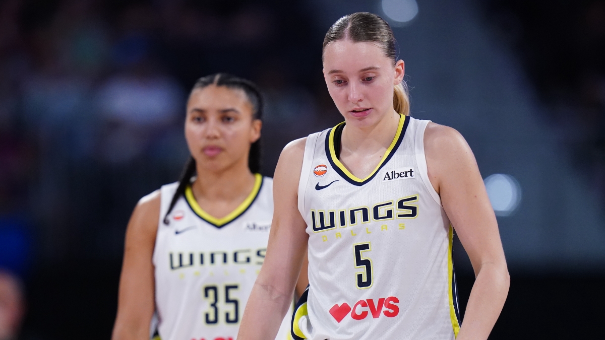 Dallas Wings guards Paige Bueckers and Azzi Fudd on the court against the Connecticut Sun in the second half at PeoplesBank Arena