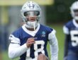 Dallas Cowboys safety Caleb Downs runs a drill during rookie minicamp at the Ford Center at the Star in Frisco