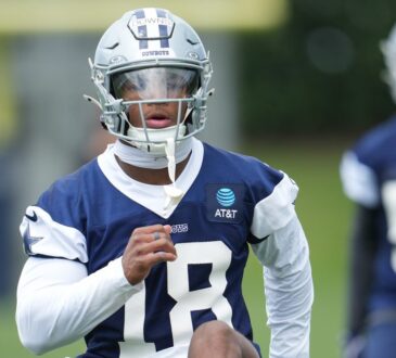 Dallas Cowboys safety Caleb Downs runs a drill during rookie minicamp at the Ford Center at the Star in Frisco