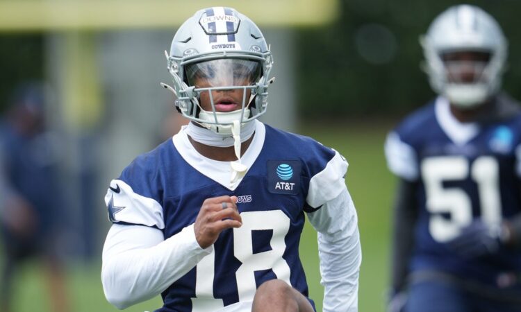 Dallas Cowboys safety Caleb Downs runs a drill during rookie minicamp at the Ford Center at the Star in Frisco