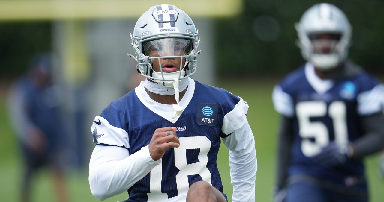 Dallas Cowboys safety Caleb Downs runs a drill during rookie minicamp at the Ford Center at the Star in Frisco