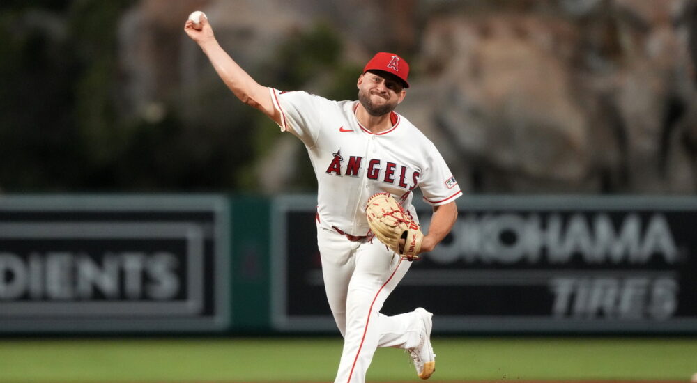 Los Angeles Angels pitcher Chase Silseth throws from the mound against the Boston Red Sox at Angel Stadium.