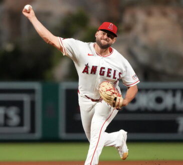 Los Angeles Angels pitcher Chase Silseth throws from the mound against the Boston Red Sox at Angel Stadium.
