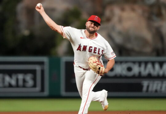 Los Angeles Angels pitcher Chase Silseth throws from the mound against the Boston Red Sox at Angel Stadium.