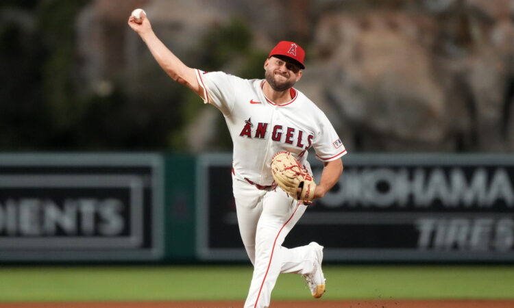 Los Angeles Angels pitcher Chase Silseth throws from the mound against the Boston Red Sox at Angel Stadium.