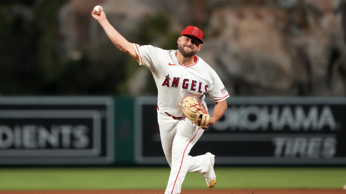 Los Angeles Angels pitcher Chase Silseth throws from the mound against the Boston Red Sox at Angel Stadium.