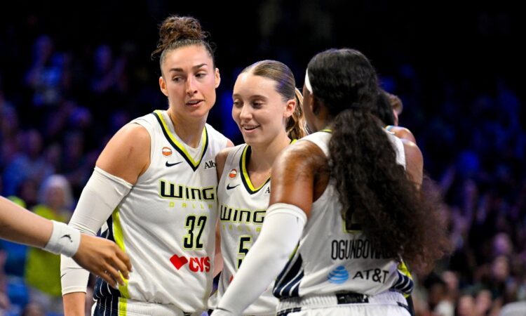 Dallas Wings forward Jessica Shepard, guard Paige Bueckers and guard Arike Ogunbowale huddle during a game against the Chicago Sky at College Park Center.