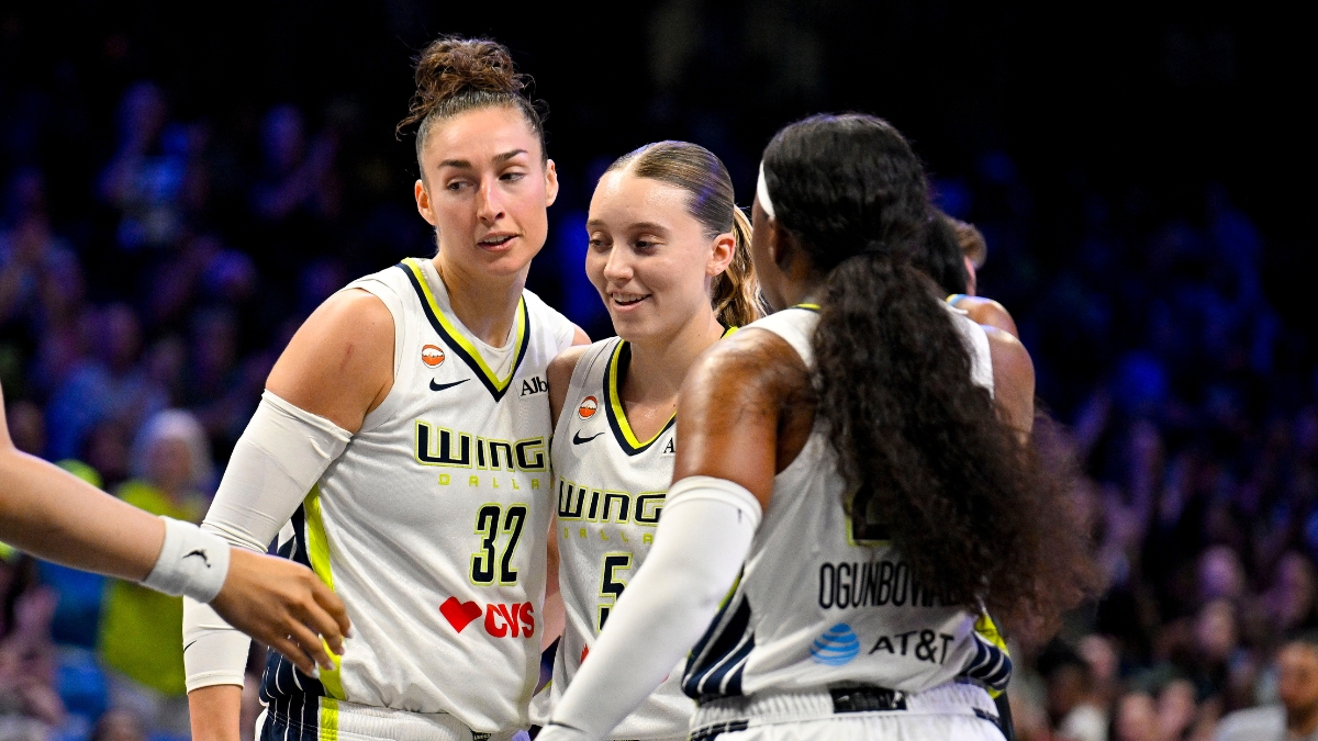 Dallas Wings forward Jessica Shepard, guard Paige Bueckers and guard Arike Ogunbowale huddle during a game against the Chicago Sky at College Park Center.
