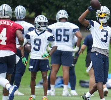 Dallas Cowboys wide receiver George Pickens #3 and quarterback Dak Prescott #4 run through a drill during practice at the Ford Center at The Star.
