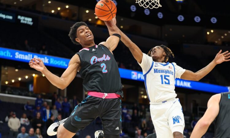 Florida Atlantic guard Isaiah Elohim reaches for a rebound against Memphis guard Julius Thedford at FedExForum