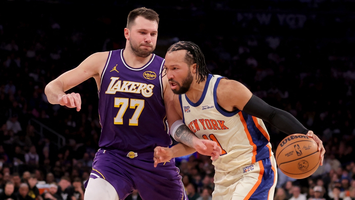 New York Knicks guard Jalen Brunson drives against Los Angeles Lakers guard Luka Dončić at Madison Square Garden