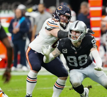 Chicago Bears guard Joe Thuney tries to block Las Vegas Raiders defensive end Maxx Crosby during a pass rush.