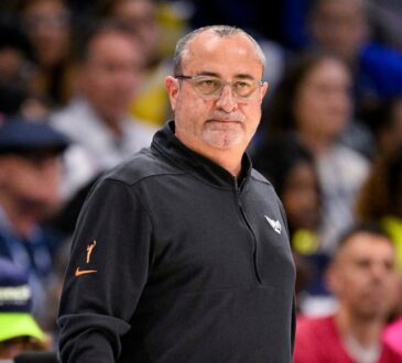 Dallas Wings head coach Jose Fernandez watches from the sideline at College Park Center.
