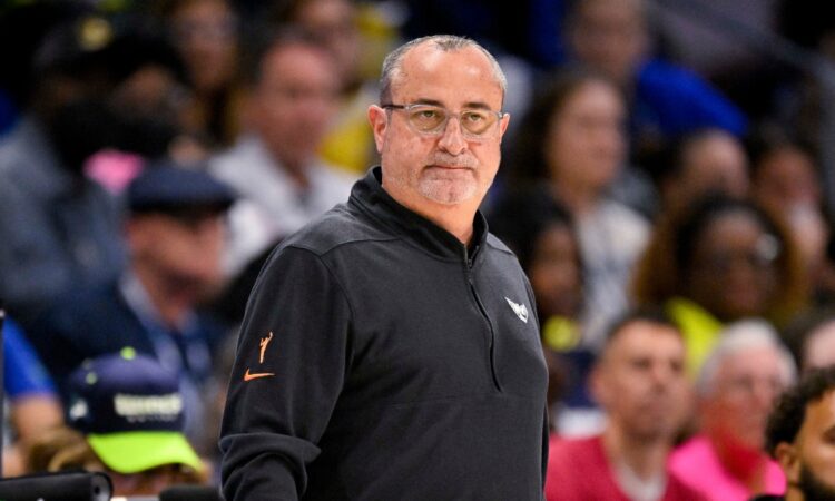 Dallas Wings head coach Jose Fernandez watches from the sideline at College Park Center.