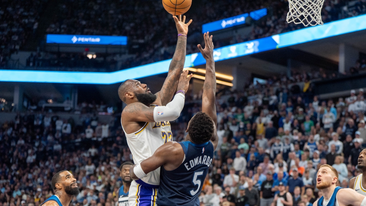 LeBron James shoots over Anthony Edwards in Lakers-Timberwolves 2025 playoff game
